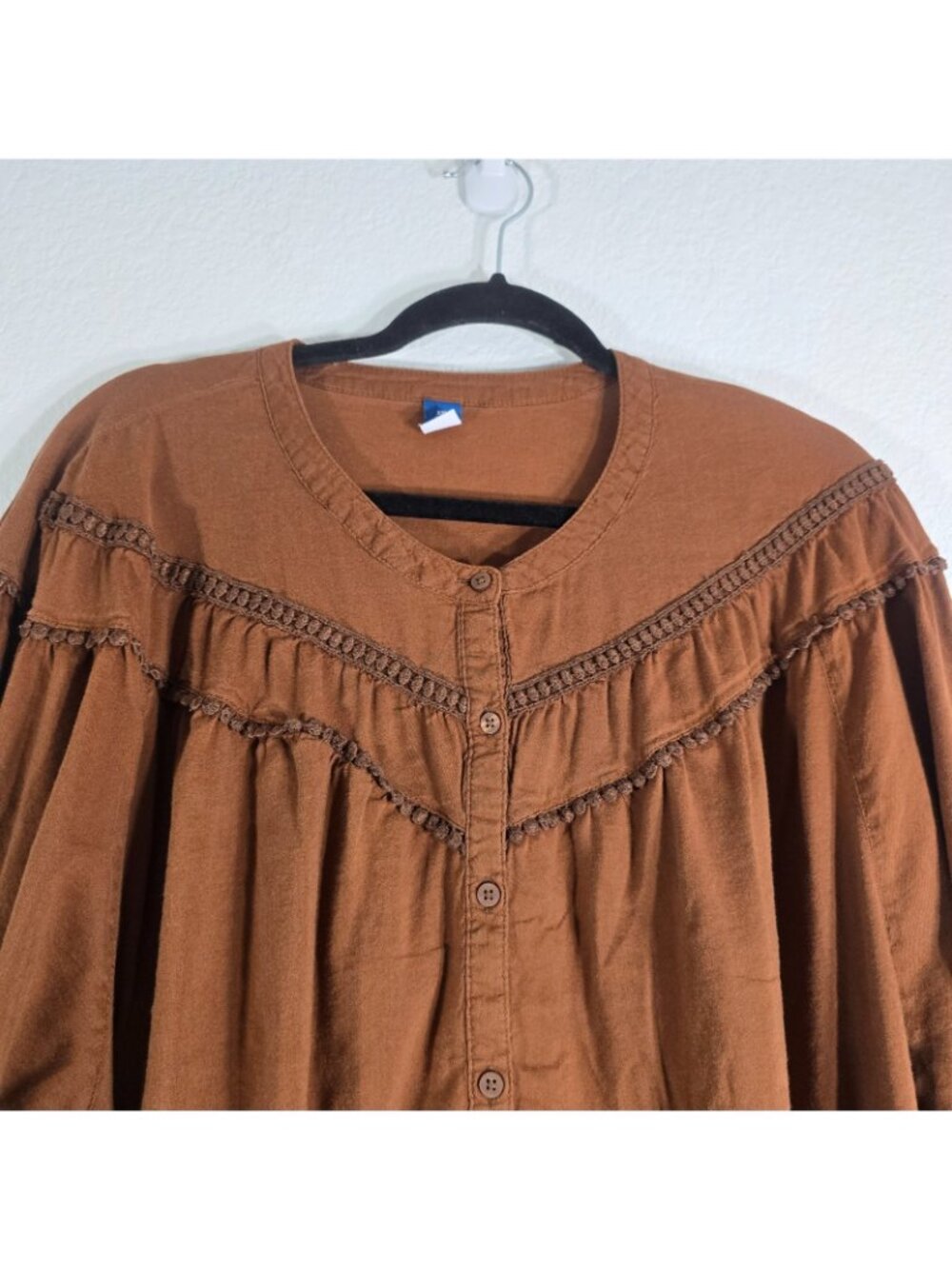 Old Navy Blouse Top Women 2XL Tall Brown Button Balloon Sleeves Cowgirl Boho - Picture 2 of 7